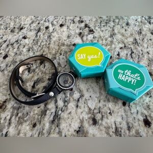 Origami Owl Black Leather Wrap Bracelet with Crystal Accent Locket Paris theme.